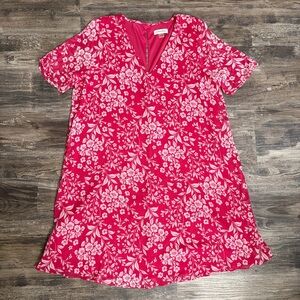 Calvin Klein Women’s Pink White Floral V-Neck Short Sleeve Chiffon Dress Size 14
